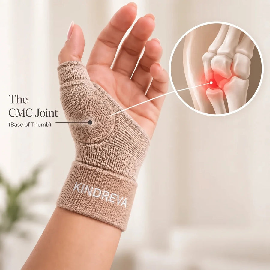 Hand wearing the oat Kindreva Thumb Stabilizer, with an inset showing the CMC joint at the base of the thumb