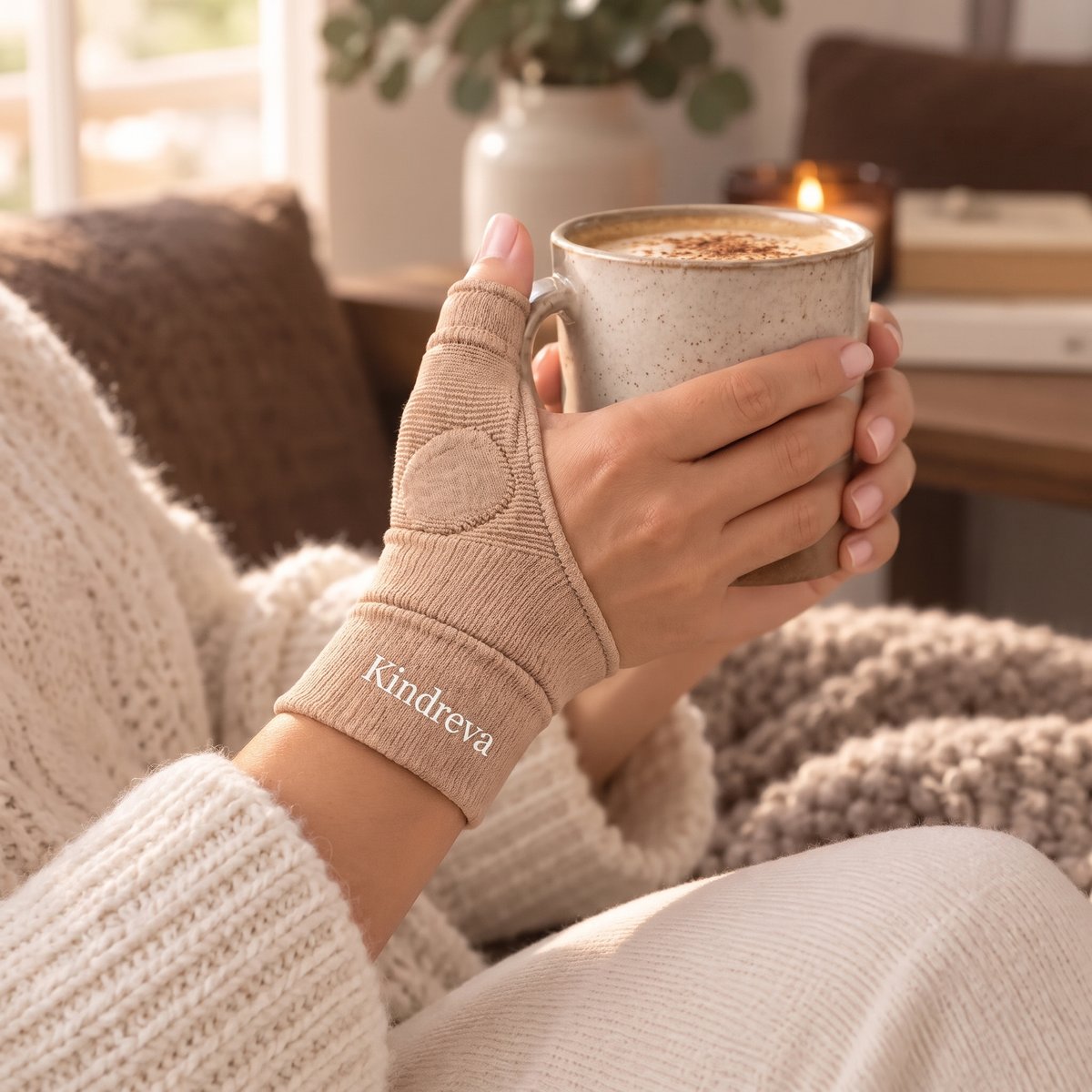 Holding a coffee mug while wearing the Kindreva Thumb Stabilizer