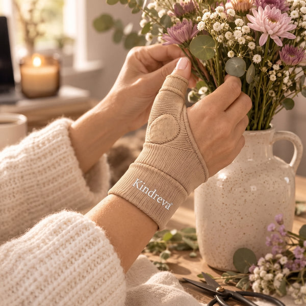 Hand wearing the Kindreva stabilizer arranging fresh flowers in a vase