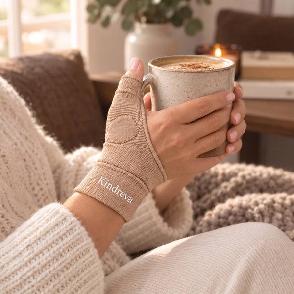 Hand wearing the oat Kindreva stabilizer holding a mug of coffee on the sofa