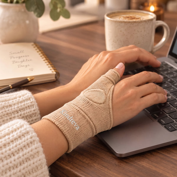 Hand wearing the Kindreva stabilizer typing on a laptop at a desk