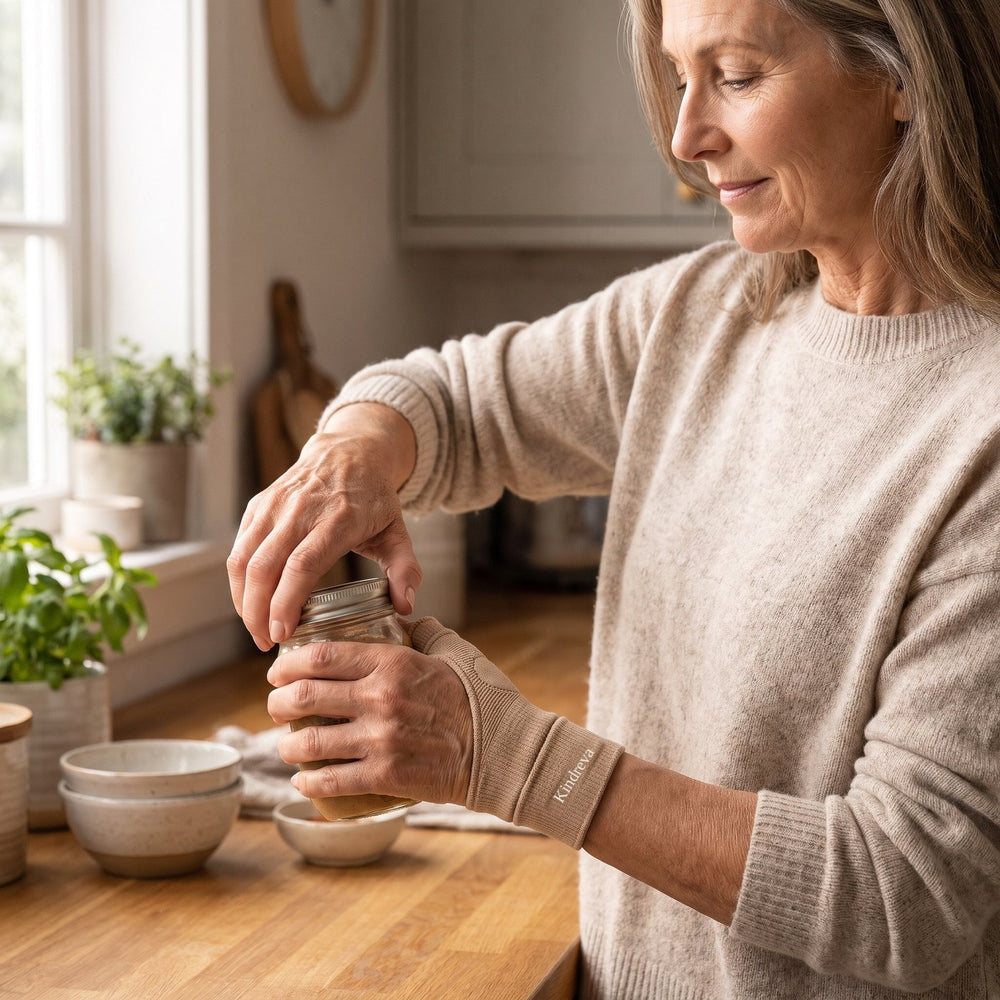 Woman in her kitchen opening a jar while wearing the oat Kindreva Thumb Stabilizer